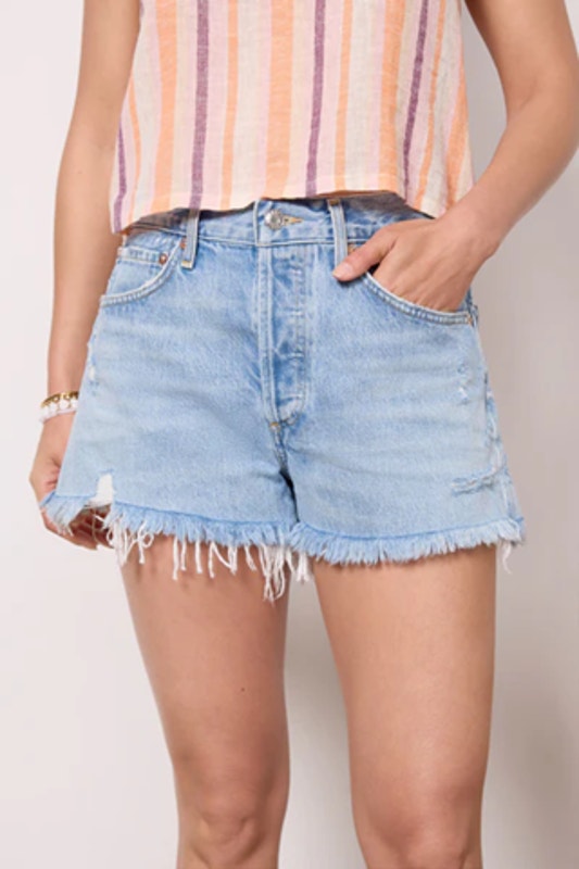 Agolde Parker Distressed Denim High Rise Cut Off Shorts Blue 32